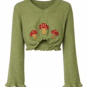 Green Cropped Sweater with Red Mushroom Design